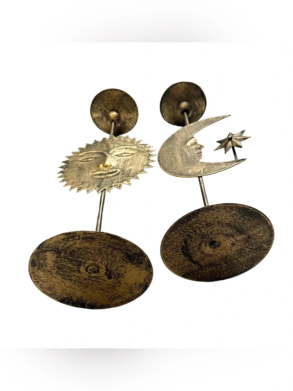 16” Celestial Sun Moon Star Brass Tone Taper Candle Holders Pair